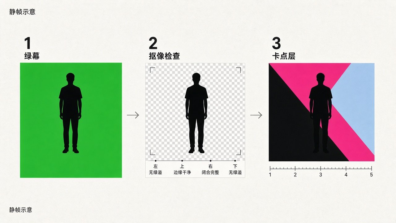 抠像卡点 · 三步工作流（静帧示意）