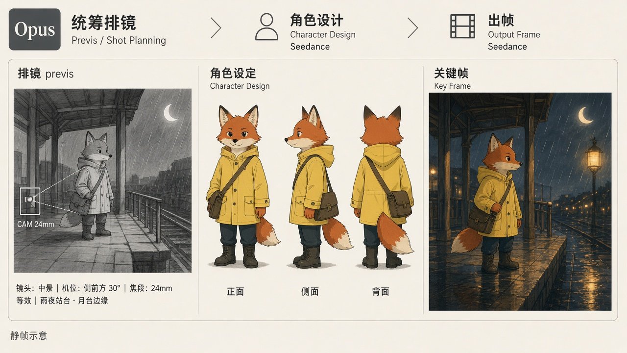 动画管线 · 排镜到关键帧（静帧示意）
